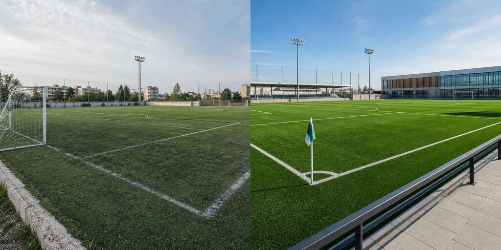 Campo de futebol com gramado verde, traves, arquibancada e estrutura moderna para práticas esportivas e lazer.